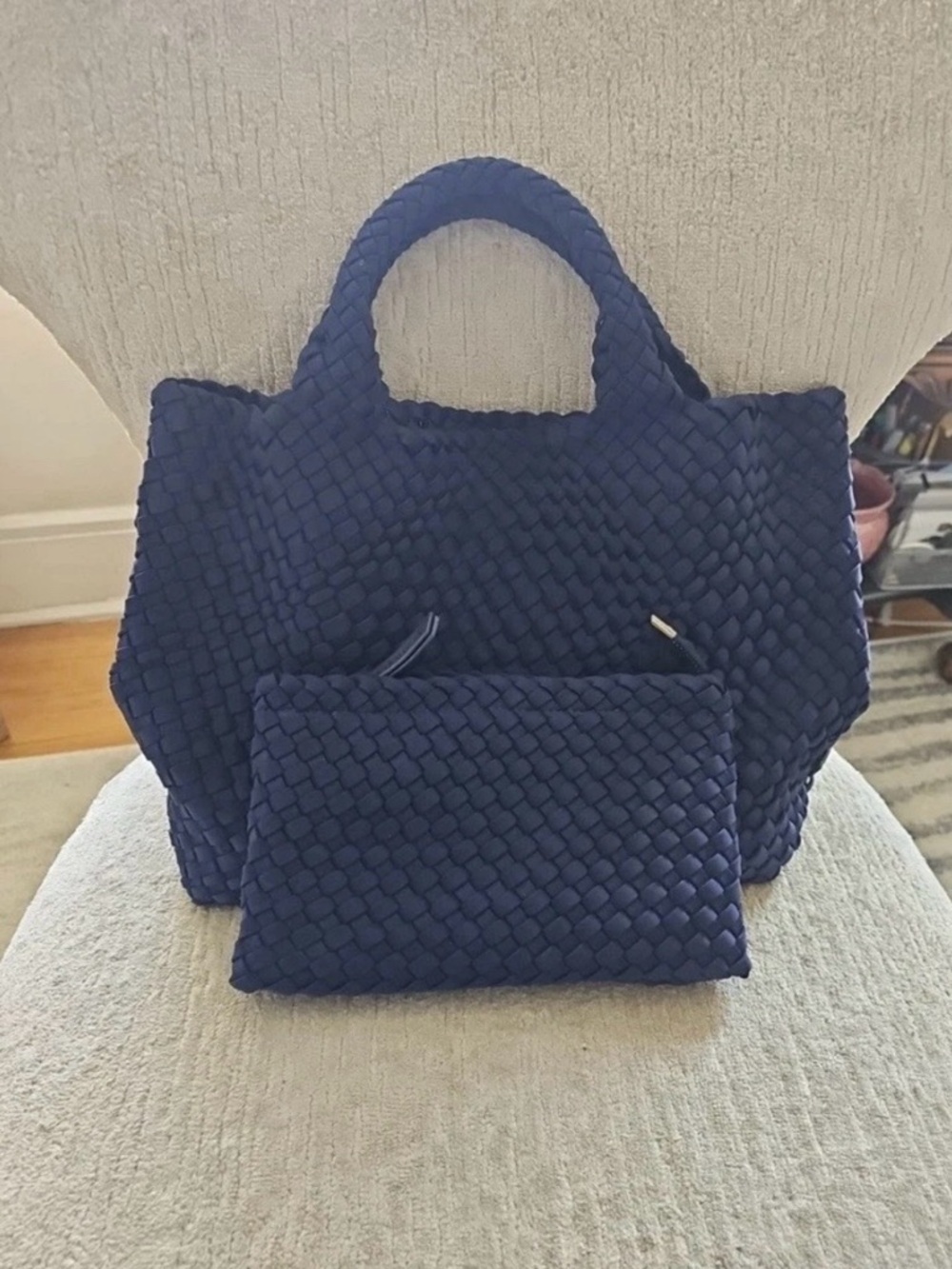 Adorned Lily Woven Neoprene Bag & wristlet in Royal Blue with Crossbody strap .